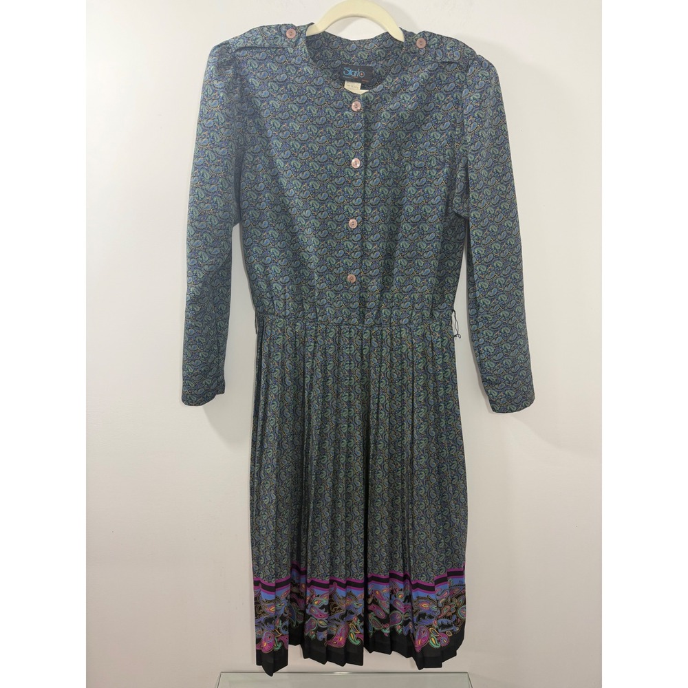 Vintage Starlo Fashions Womens Paisley Pleated Midi Dress Blue Green Long Sleeve
